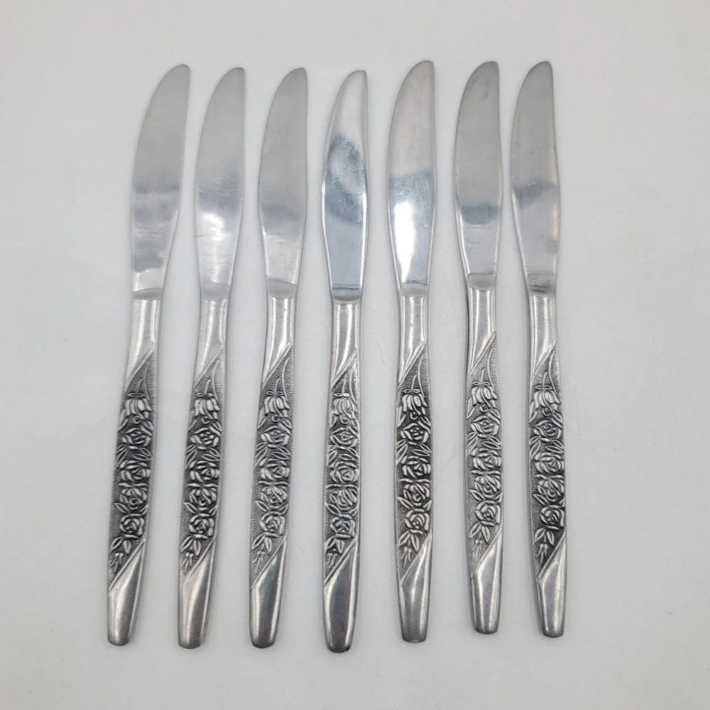 7pc International Stainless Caress Pattern Dinner Knives Rose Floral Korea